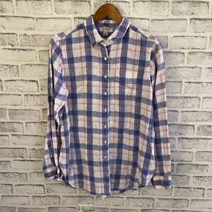 Women’s L.L. Bean blue, white & pink plaid 100% linen button down shirt Small